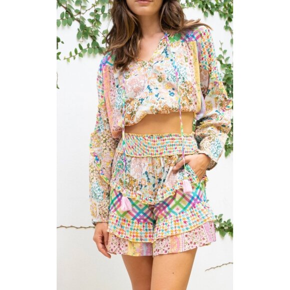 Barok Womens Multicolor Patchwork Floral Smocked Waist Ruffle Shorts S - Picture 1 of 12
